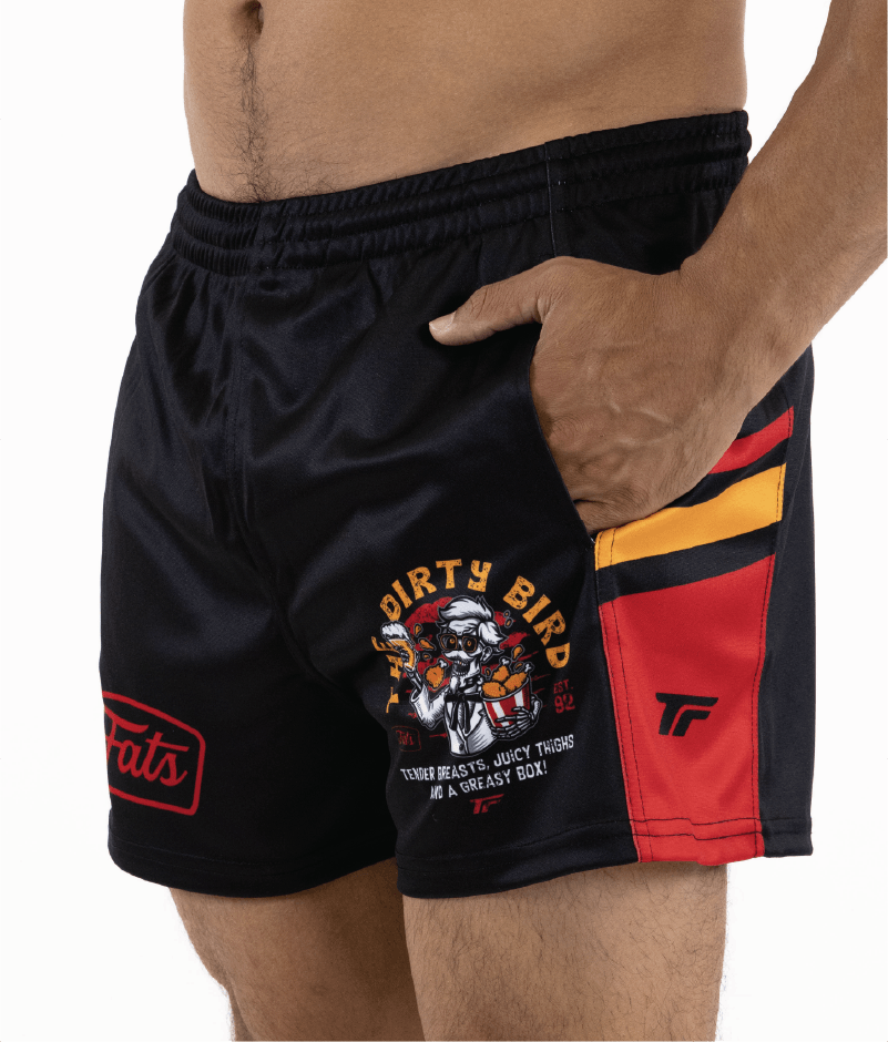 DIRTY BIRD- FOOTY SHORTS (WITH ZIP SIDE POCKETS)