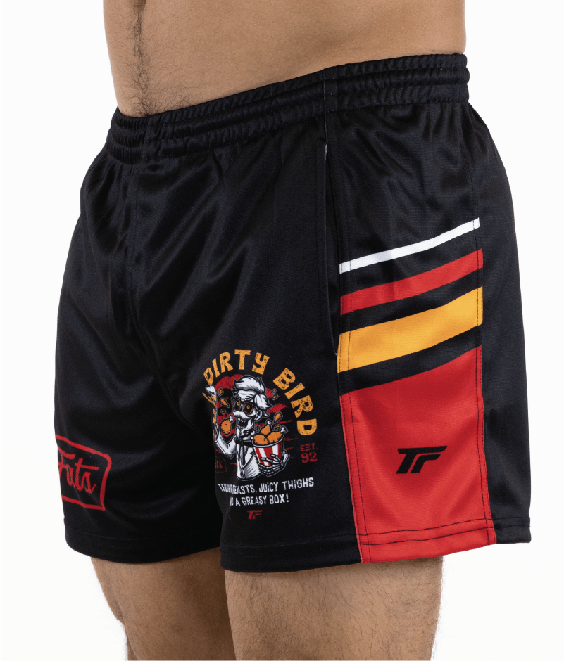 DIRTY BIRD- FOOTY SHORTS (WITH ZIP SIDE POCKETS)